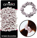 Amelia Beauty, Grey Satin Small Scrunchies, 12-Pack – No Damage Hair Ties for Women, Gentle & Durable Hair Accessories, 2.5in x 0.5in