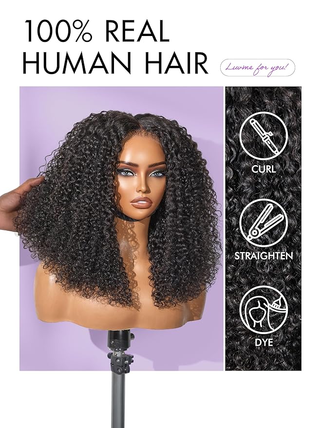 LUVME HAIR 5X5 Kinky Curly 200% Human Hair Wigs Glueless Lace Front 20 Inches Pre Cut Plucked Hd Lace Wig Ready To Go Natural Color Flexi-Fit Drawstring Cap Bleached Knots Black Wigs