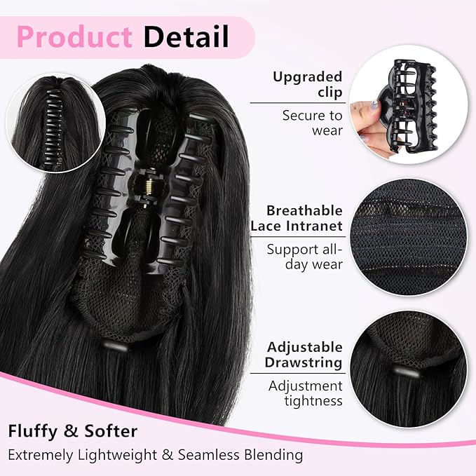 ALXNAN Ponytail Extension,24 Inch Claw Clip in Long Curly Wavy Black Ponytail Hair Extension Jaw Clip on Pony Tails Hairpiece for Women