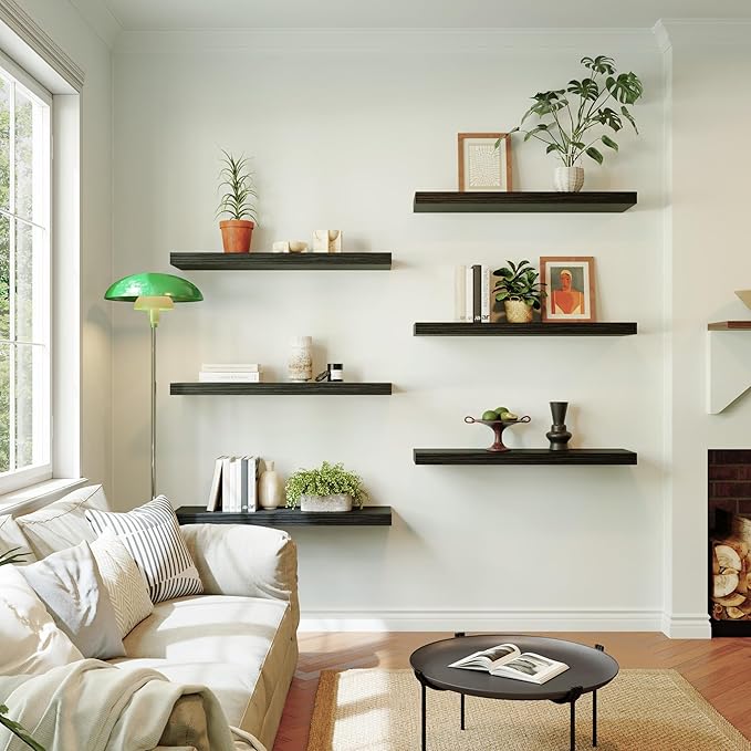 Large Floating Shelves for Wall Set of 2 Wooden Wall Shelves 24 in x 12.75 in x 2 in Room Decor Long Shelf with Invisible Wall Mount Bracket for Bedroom Kitchen Living Room Black Wood