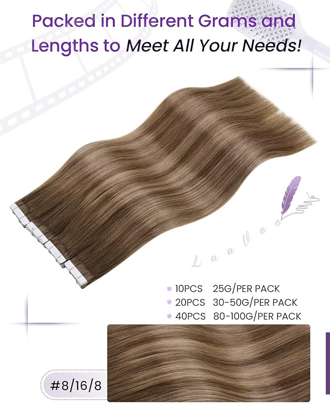 LaaVoo Tape in Hair Extensions Human Hair Ombre Medium Brown to Ash Brown Hair Extensions Tape in Human Hair Balayage Tape on Extension Real Hair 24inch 20pcs 50g