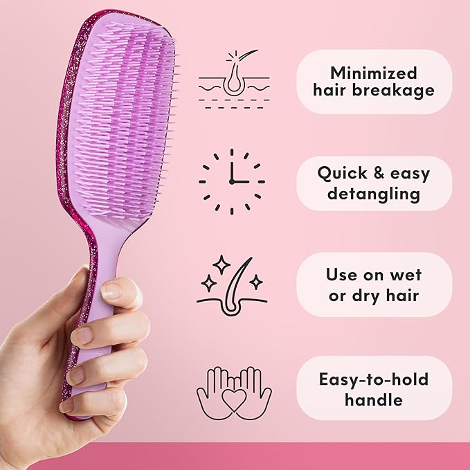 Lily England Curly Detangler Brush for Women - Pain-free Detangling Brush for Wet & Dry Hair With Flexible Bristles - Easy-to-Hold Hairbrush for Women with 3c & 4c Curls - Purple Glitter