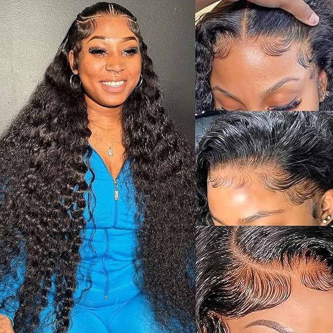 32 Inch Deep Wave Lace Front Wigs Human Hair Pre Plucked 200% Density 13x6 HD Lace Frontal Wigs with Baby Hair Deep Curly Wet and Wavy Glueless Wigs for Women (Natural Black, 32 Inch)