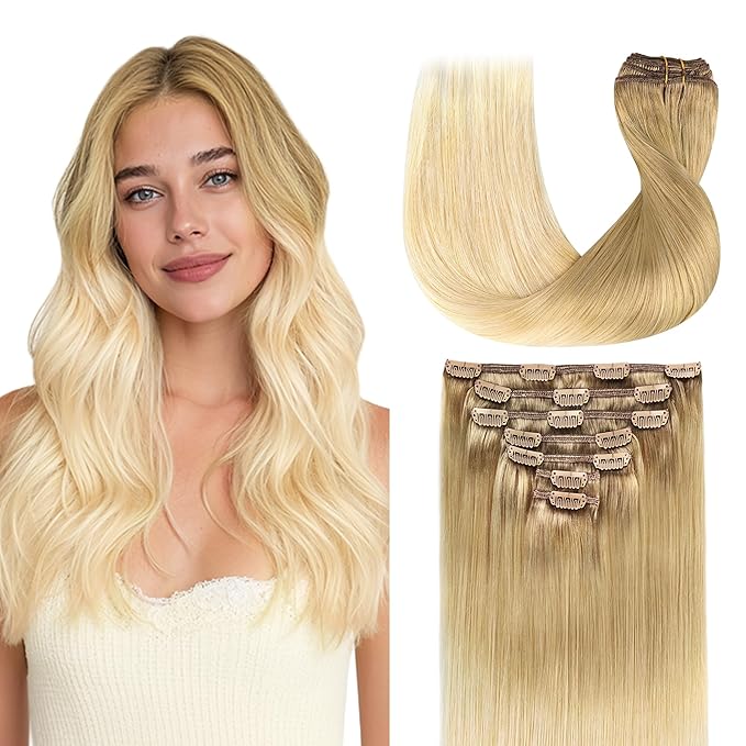 GOO GOO Clip in Hair Extensions Real Human Hair, Remy Human Hair Extensions Clip ins for Women, Natural Human Hair, 20inch 120g 7Pcs, #O7/60F