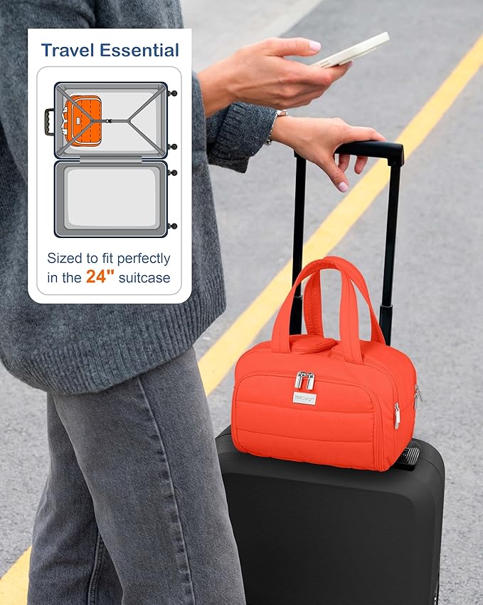 TOPDesign Travel Toiletry Bag for Women, Puffer Large Toiletry Bag, Lightweight Cosmetic Makeup Organizer with Handle for Traveling, Accessories, Essentials, Toiletries (Red Orange)