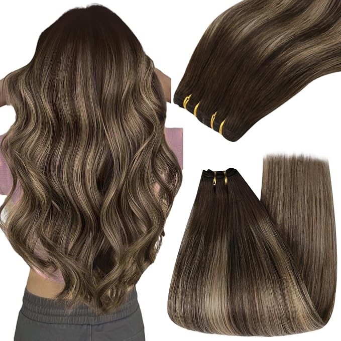 YoungSee 100g Weft Hair Extensions Human Hair Brown Balayage Sew in Hair Extensions Real Human Hair Dark Brown Mix Caramel Blonde Balayage Short Human Hair Weft Extensions 14In