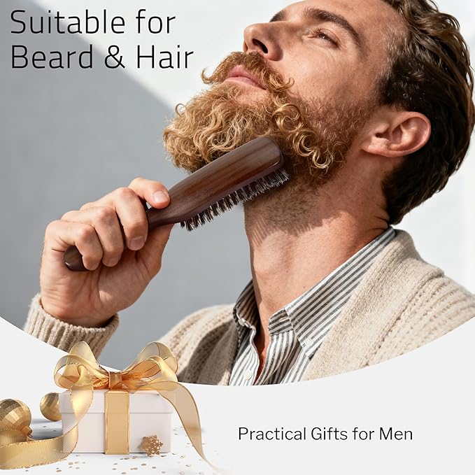 Boar Bristle Hair Brush for Men, Mens Slick Back Hair Brush with Stiff Bristles & Wooden Walnut Handle for Thick & Fine Hair Smoothing, Detangling, Styling, Beard Straightens