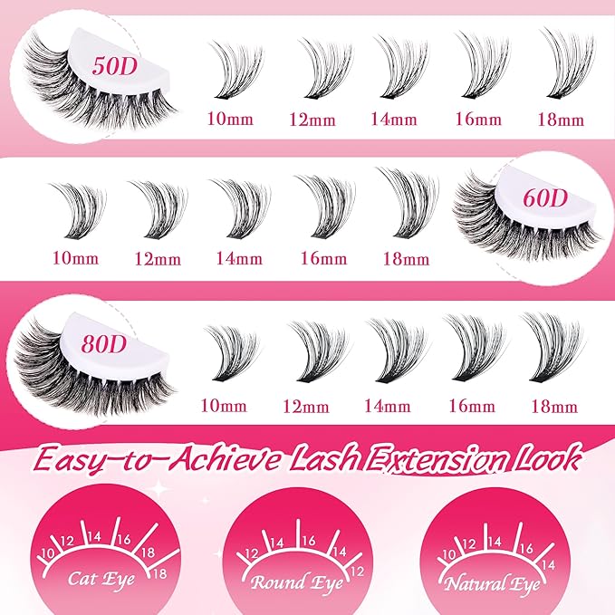 Lash Clusters 600PCS - Eyelash Clusters 20D+30D+40D+50D+60D+80D Wispy Individual Lashes D Curl Lash Extension 10-18MM Natural Lash Clusters DIY Cluster Eyelash Extensions for Beginners