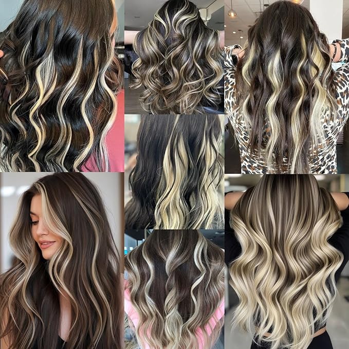 16 Pcs Colored Hair Extensions Curly Wavy Clip in Synthetic Hair Extensions,Colorful Party Highlights Hairpiece Streak for Girls Women Kids Christmas Cosplay Party Gift(Blonde)