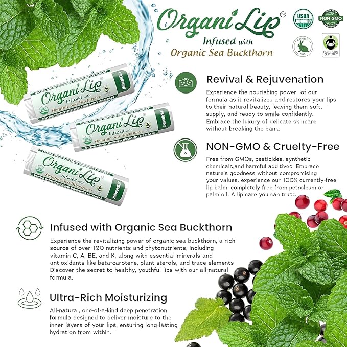 Organic Lip Balm, Spearmint Flavor, Ultra Hydrating Lip Moisturizer for Cracked or Dry Lips, Infused With Organic Sea Buckthorn, Oval Shaped Tube, USDA Certified Organic, 30 Pack