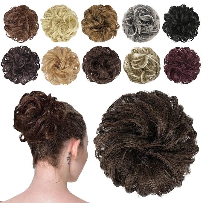 FESHFEN Messy Bun Hair Piece - Elastic Wavy Curly Hair Bun Scrunchies Extensions Synthetic Chignon Hairpieces for Women Girls, Dark Brown & Light Auburn Mixed 1.5 oz