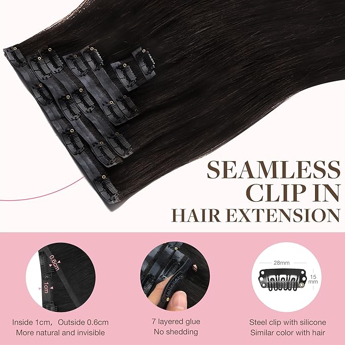 GOO GOO Clip in Hair Extensions Real Human Hair, Remy Human Hair Extensions Clip ins for Women, Natural Human Hair, 24inch 120g 7Pcs, 2 Dark Brown