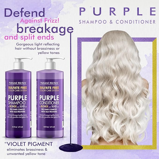 Natural Riches Purple Shampoo and Conditioner Set for Blonde, Silver & Grey Hair – Sulfate-Free, Color-Safe, Removes Brassy & Yellow Tones for Natural, Highlighted, and Bleached Hair – 16x2 fl oz