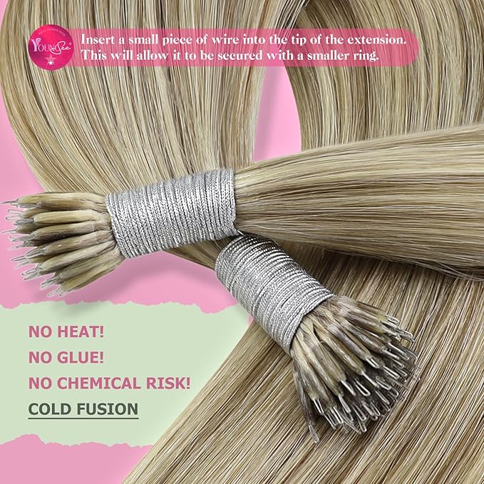 YoungSee Nano Ring Hair Extensions Brown Highlight Nano Bead Hair Extensions Human Hair Light Brown highlight Platinum Blonde Lightweight Remy Human Hair for Wedding Cold Fusion 20inch 50s 50g