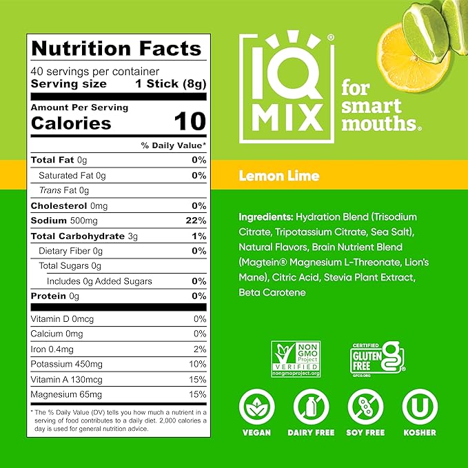 IQMIX Hydration Electrolyte Powder – 4-in-1 Formula for Hydration, Mental Clarity, Mood and Recovery – Sugar-Free Drink Mix, Keto, Magnesium L-Threonate, Lion’s Mane – 40 Count Lemon Lime