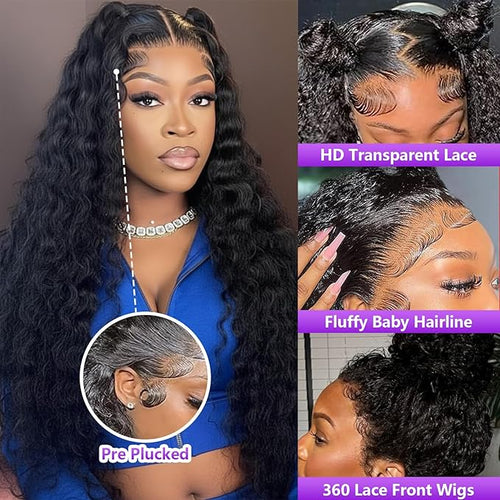 360 Deep Wave Lace Front Wigs Human Hair 200% Density 360 HD Lace Front Wigs Deep Wave Pre Plucked with Baby Hair Curly Human Hair Wig with Adjustable Straps for Women (26 Inch)