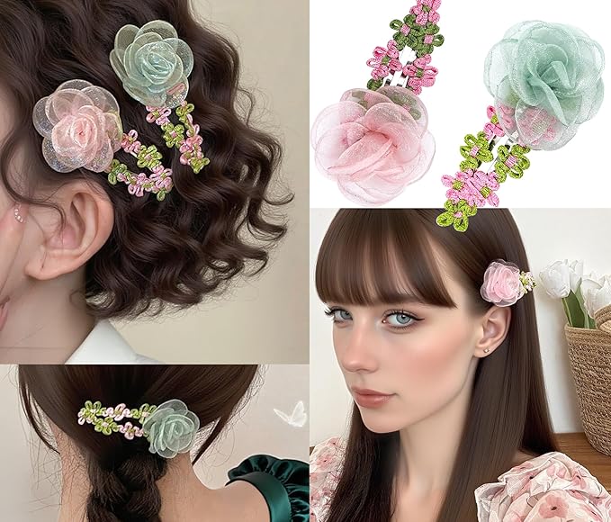 13PCS Mixed Floral Hair Clip Set - 3 Camellia Claws (Pink/Blue/White), 2 Pink-Green Tulle Clips, 6 Flower Barrettes (Heart/Star), 2 Pearl Mesh Clips, Claw Clip Accessories For women/girls