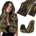 GOO GOO Clip in Hair Extensions Real Human Hair, Remy Human Hair Extensions Clip ins for Women, Natural Human Hair, 16inch 150g 9Pcs, 4/26/4 Balayage Chocolate Brown to Honey Blonde