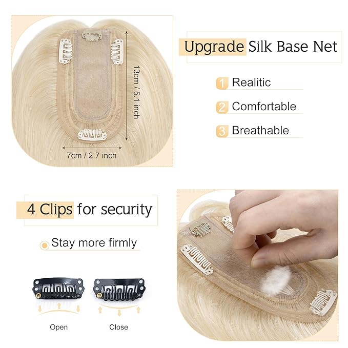 SEGO Human Hair Toppers for Women With Thinning Hair, 7 * 13CM Silk Base 100% Real Human Hair Clip in Top Wiglet Hairpieces //10 Inch No Bangs Platinum Blonde
