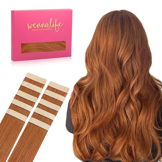 WENNALIFE Tape in Hair Extensions Human Hair Dirty Ginger Tape in Extensions, 10pcs 30g 26 inch Remy Invisible Tape Ins Straight Colored Soft Real Human Hair Tape in Extensions Refill Set Extensions