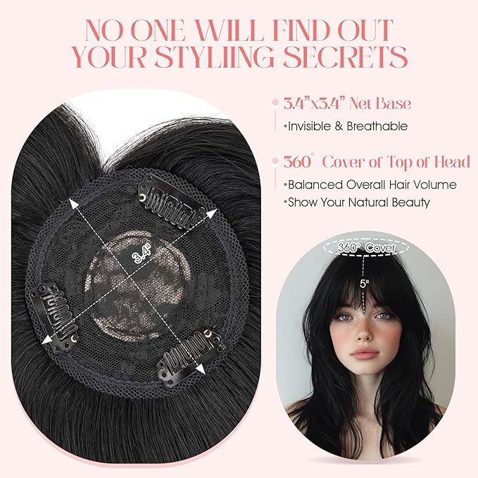 Hairro Mono Hair Toppers with Bangs, 3.4" x 3.4" Mono Base 100% Real Human Hairpieces for Women, 150% Density Clips In Topper for Greyish Thinning Hair, 18 Inch Jet Black