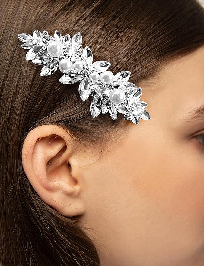 4pcs Rhinestone Pearl Wedding Hair Clips Silver New Bride Bridesmaid Spring Clips French Hairpins Elegant Floral Stylish Accessories Gift for Women Girls Leaf Style