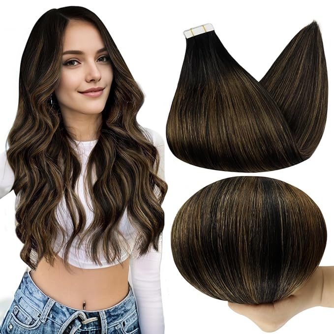 Full Shine Invisible Tape in Hair Extensions Human Hair 1B Off Black Ombre 6 Chestnut Brown Tape in Extensions 20 Inch Silky Hair Extensions 20 Pcs 50 Gram Natural Human Hair for Party