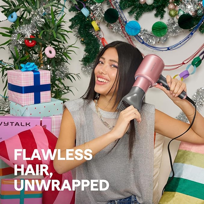 Wavytalk Hair Dryer with Diffuser, Blown Away Ionic Blow Dryer for Curly Hair with Comb, 1875W Fast Drying Hair Dryer with Ceramic Technology, 3 Attachments for All Hair Types, Light and Quiet, Pink