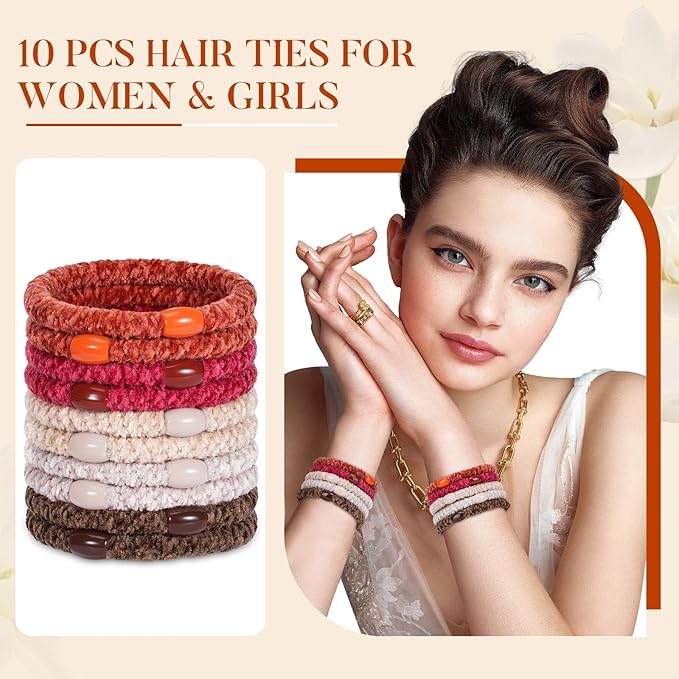 Braided Hair Ties No Damage, Soft Plush Hair Elastics, Ponytail Holders & Hair Bands for Women & Girls, Thick Hair, Stretch Wrist Bracelet Ties, Gentle All-Day Hold, Set of 10 - Ember Glow