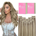 YoungSee Hair Extensions Clip ins Light Brown Clip in Extensions Highlight Clip on Hair Extensions Human Hair Light Brown with Blonde Highlights for Beginners 16Inch 7Pcs 120G