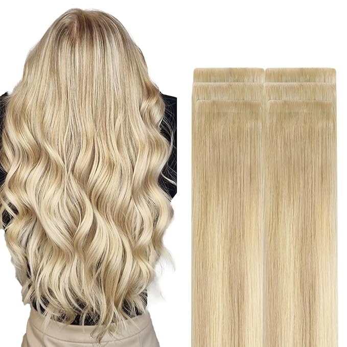 GOO GOO Invisi Edge Tape in Hair Extensions Human Hair, 18ET90A Natural Blonde Balayage, 6pcs 22inch 18g, Virgin Remy Hair, Seamless Injected Tape, Natural Look