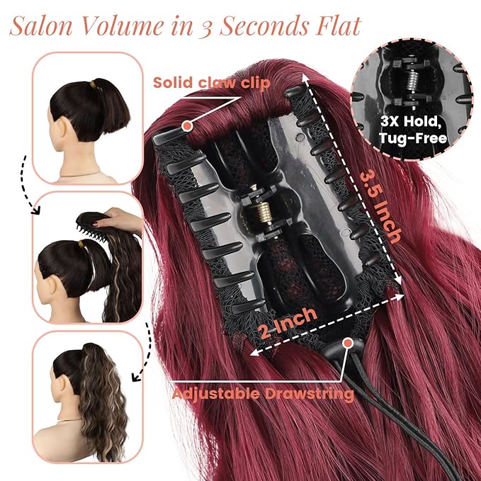 Ponytail Extension, 18 Inch Claw Clip Ponytail Extensions Wavy Ponytail Hair Extension for Women Fluffy Natural Synthetic Jaw Clip on Pony Tails Hairpiece for Daily Use (Wine Red)