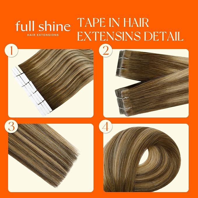 Full Shine Invisible Seamless Tape in Hair Extensions Real Human Hair 22 Inch Color 4/24/4 Brown Fading to Blonde and Brown Insert Remy Silky Injection Tape in Extensions 20 Pcs 50 Grams Add Length