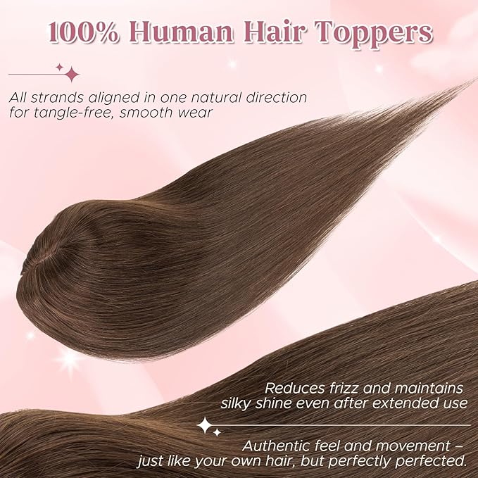 Real Human Hair Toppers for Women 3.54"*4.72" Silky Base 150% Density No Bangs Adjustable Parting Clip-In Topper Hairpieces for Women with Thinning Hair 16 Inches Dark Brown