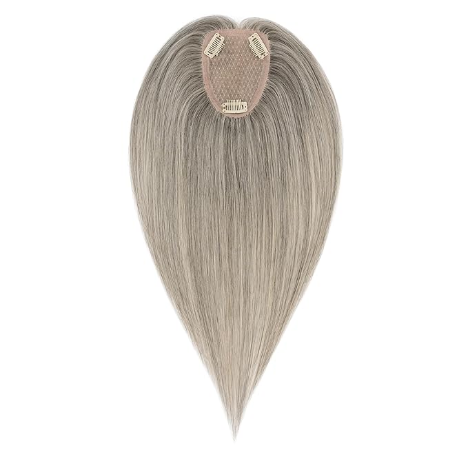 Hairro Human Hair Toppers Free Parted, 3.5x4.7" Base Hand-wovened 100% Real Hairpieces, with Invisible Clips-in for Women, for High Hairline/Adding Volume on Top, 10 Inch Blondish Grey Mix Silver