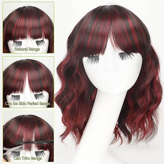 AISI HAIR Synthetic Wavy Curly Bob Wig with Bangs Brown Mix Wine Red Short Hair for Women Synthetic Heat Resistant Bob Wigs