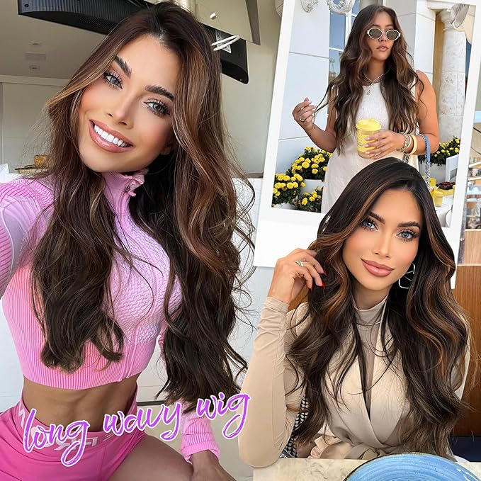 Dark Brown Mixed Chestnut Wig for Women Long Wavy 4x1 Lace Natural Hairline Glueless for Beginners Middle Part Synthetic for Daily Party Use 26Inch