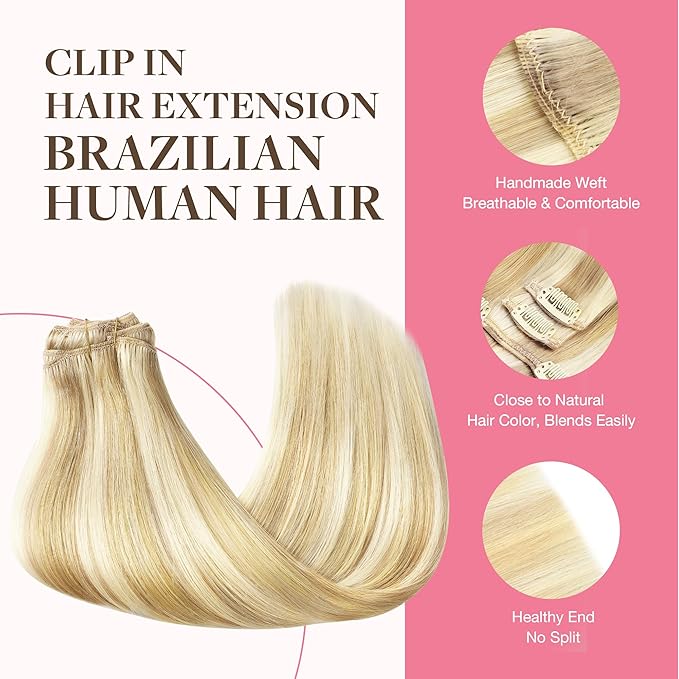 GOO GOO Clip in Hair Extensions Real Human Hair, Remy Human Hair Extensions Clip ins for Women, Natural Human Hair, 20inch 150g 9Pcs, 18D/22F Dirty Blonde Highlights