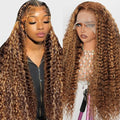 210% Density 13x6 Highlight Ombre Full Lace Frontal Wigs Human Hair 12A Deep Wave Brazilian Human Hair Pre Plucked 4/27 Honey Blonde HD Glueless Transparent Lace 30 Inch