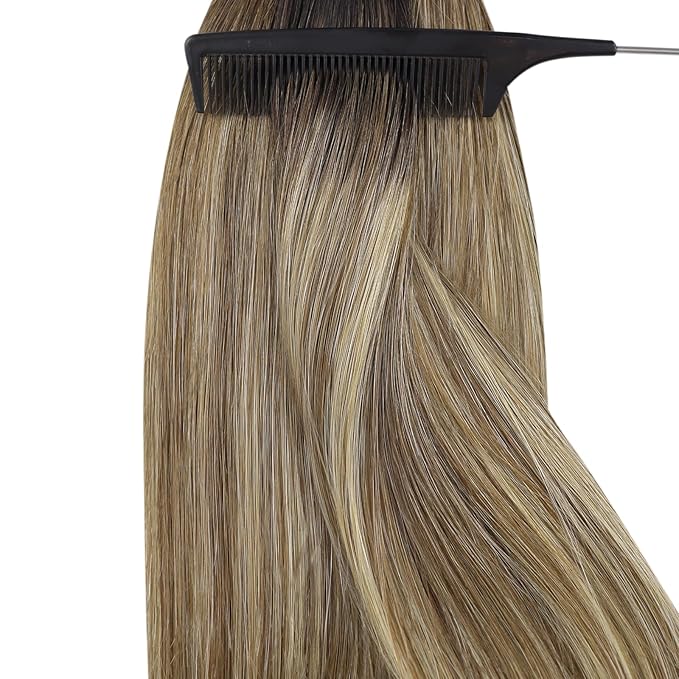 YoungSee Nano Ring Hair Extensions Human Hair Balayage Darkest Brown with Blonde Nano Tip Human Hair Extensions for Short Hair Pre Bonded Real Hair Nano Extension Straight Add Volume 50g/50s 14in