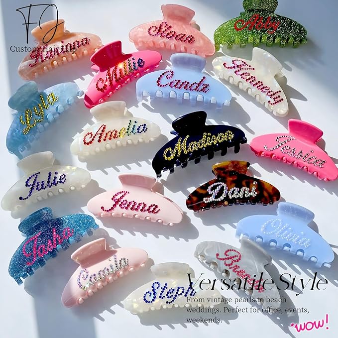 Personalized Colorful Name Hair Claw Clips for Women,Custom Hair Clips with Diamond,Cute Hair Accessories 4",Handmade Rhinestones Hair Clamp Gifts for Mom,Bride,Wife,Bridesmaid（Baby Pink）