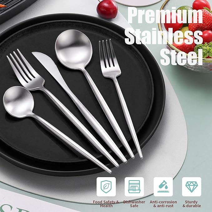 Matte Silverware Set for 8,Modern Stainless Steel Brushed Cutlery Set,40-Pieces Heavy Duty Flatware Set,Knives Spoons and Forks Set Utensils Set, Satin Finish, Dishwasher Safe