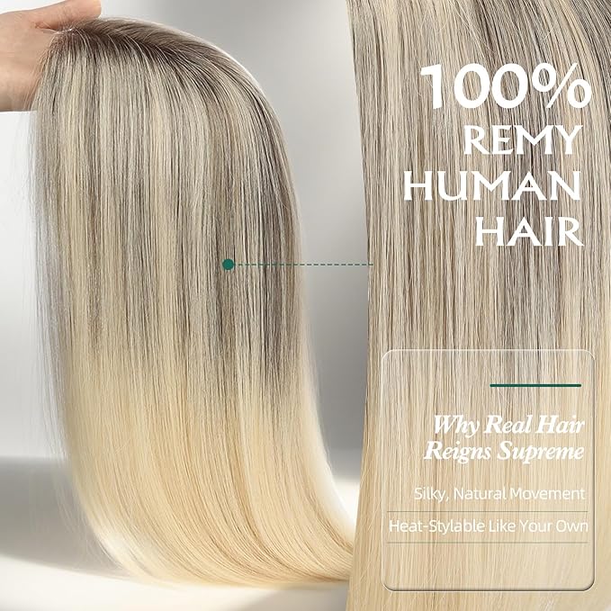 Full Hand Tied Hair Toppers for Women Remy Human Hair Lace Front Topper 14 Inch 6"×6" Partial wig Cover Thinning Hair or Loss No Bangs Top Hair Pieces (Ombre Blonde)