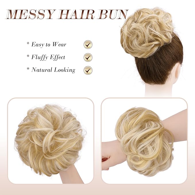 FESHFEN Messy Bun Hair Piece - Large Elastic Wavy Curly Hair Bun Scrunchies Ponytail Extensions Synthetic Chignon Hairpieces for Women, Champagne Blonde & White Blonde 1.94oz