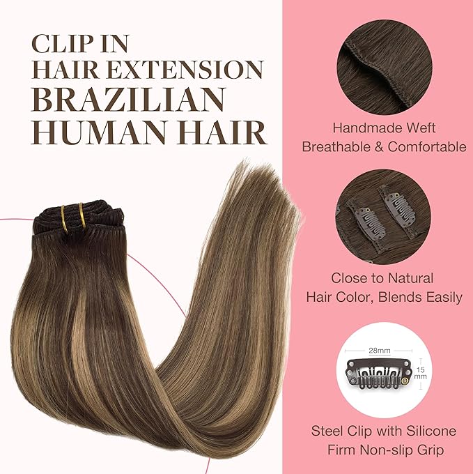 GOO GOO Clip in Hair Extensions Real Human Hair, Remy Human Hair Extensions Clip ins for Women, Natural Human Hair, 24inch 170g 7Pcs, #4/27/4 Balayage Chocolate Brown to Caramel Blonde