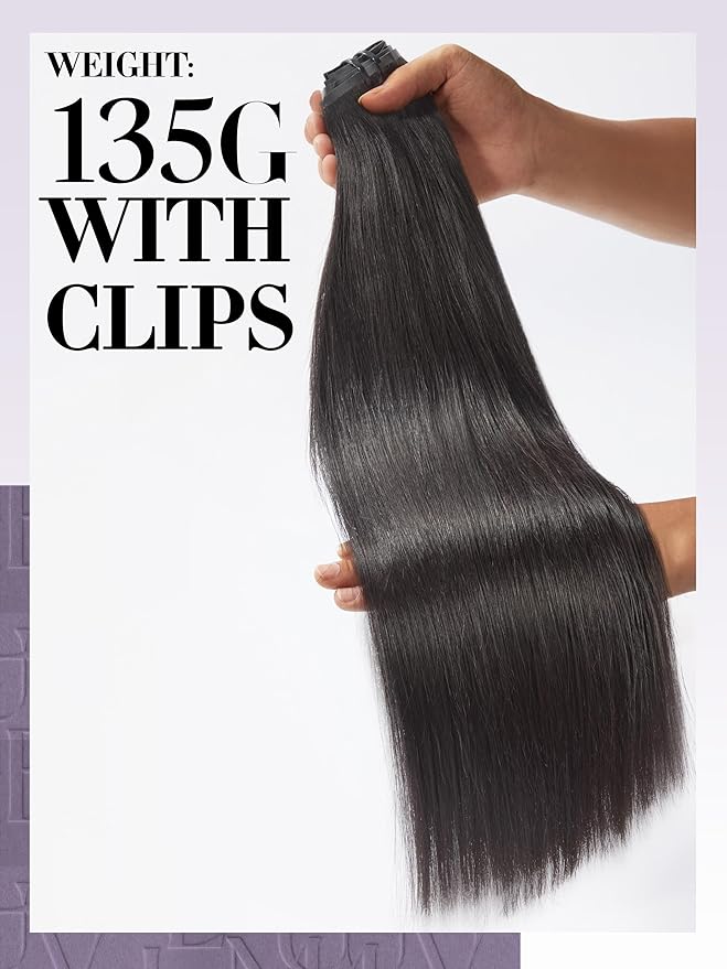 LUVME Seamless Clip in Hair Extensions Human Hair 135g 7pcs Yaki Straight Clip in Hair Extensions Human Hair 24 Inch Natual Black Extensions Clip ins Hair