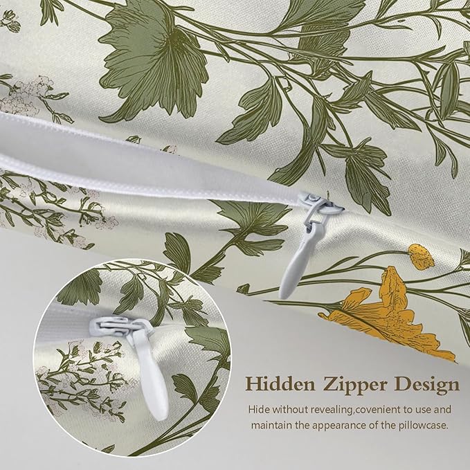 1 Pack Satin Pillowcase for Hair and Skin Vintage Wildflowers and Herbs Imitation Silk Pillowcase with Hidden Zipper Soft Breathable Pillow Cover Standard Size for Bedroom Sofa 20”x26”