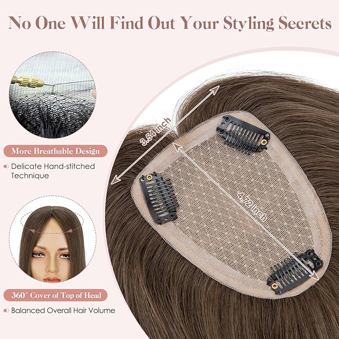 Hairro Human Hair Toppers Free Parted, 3.5x4.7" Base Hand-wovened 100% Real Hairpieces, with Invisible Clips-in for Women, for High Hairline/Adding Volume on Top, 12 Inch Cocoa Brown