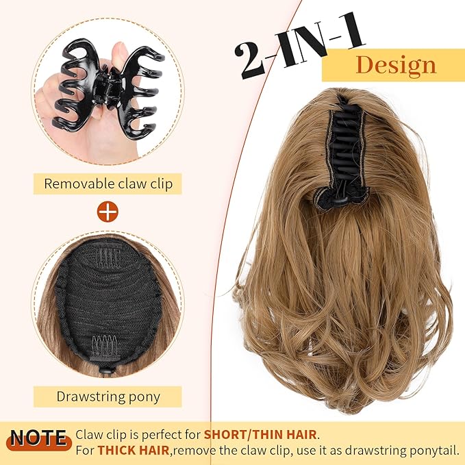 KooKaStyle Ponytail Extension, 10" Short Claw Clip in Pony Tails Hair Extensions Curly Wavy Synthetic Drawstring Hairpieces for Women(Light Blonde Brown)