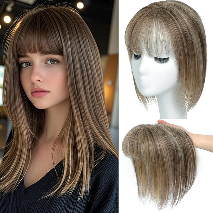 Hair Toppers for Women Real Human Hair, 360° 3D Human Hair Toppers for Women with Thinning Hair Upgrade Middle Part Clip in Bangs (P4/27(Big Coverage), 12 Inch-3D-Wispy)